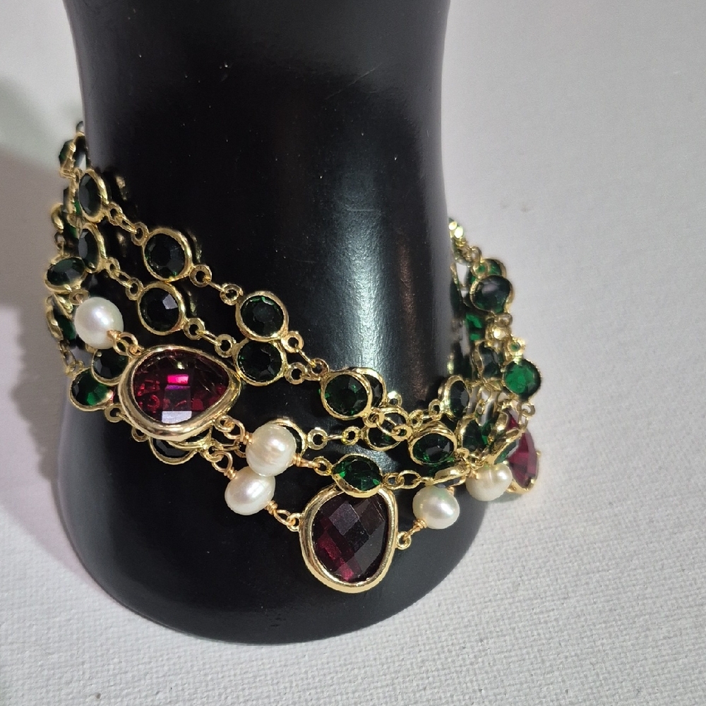 Gold-Tone Bracelet with Emerald Green, Ruby Red Stones and Pearls